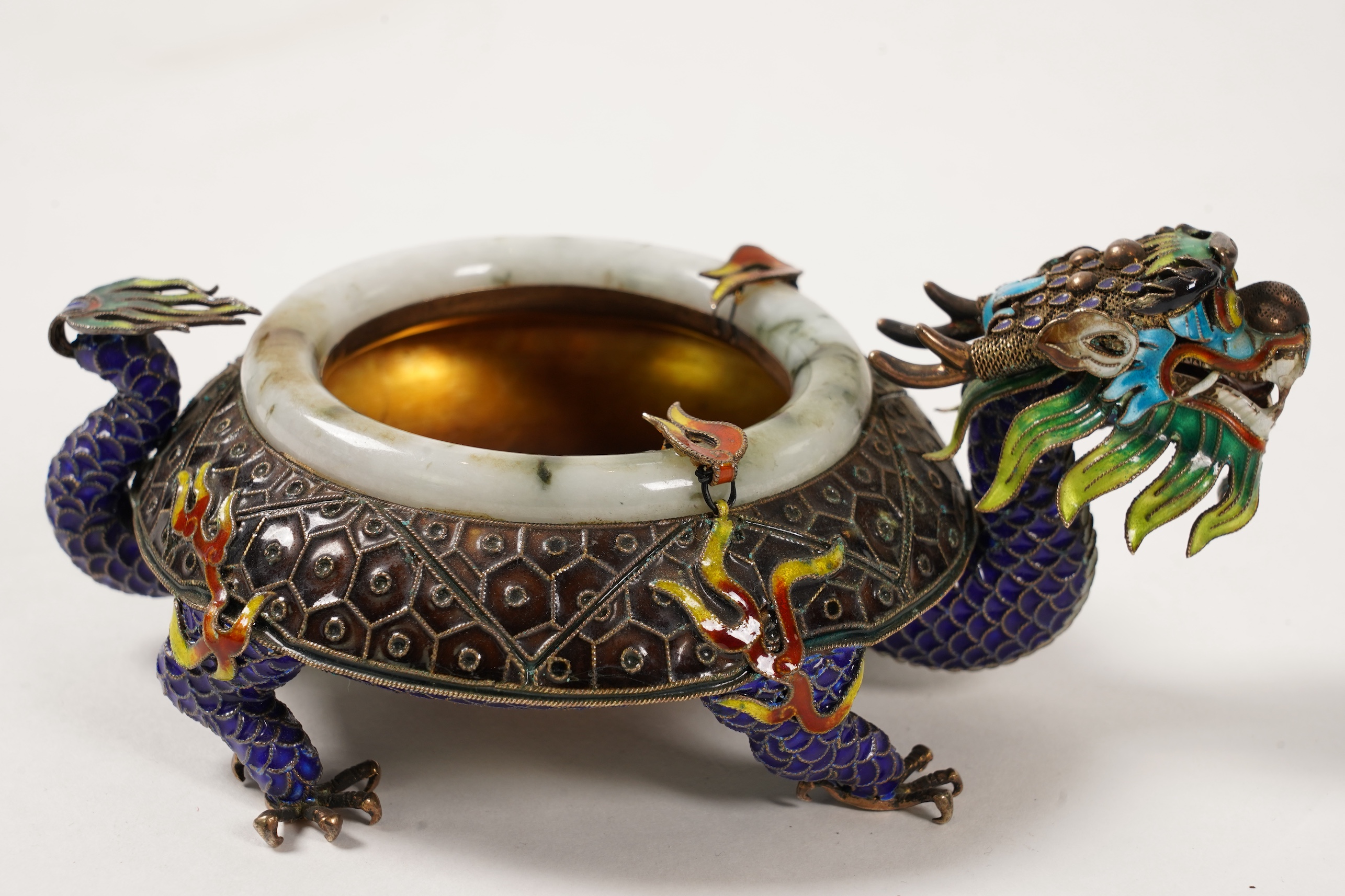 A pair of Chinese silver-gilt and enamel ’dragon’ bowls, 20th century